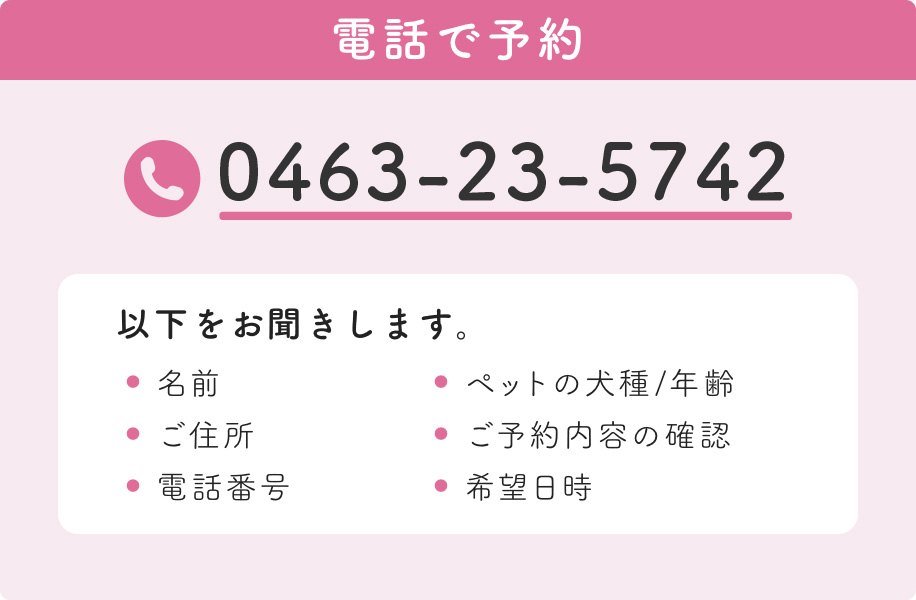 以下をお聞きします。 名前 ご住所 電話番号 ペットの犬種/年齢 ご予約内容の確認 希望日時